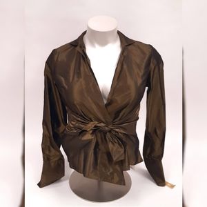 Per Se Olive Satin Wrap Blouse with Waist Tie